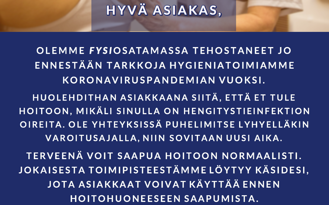 Koronavirukseen liittyvä suojainten käyttö FysioSatamassa (päivitetty 29.10.2020)