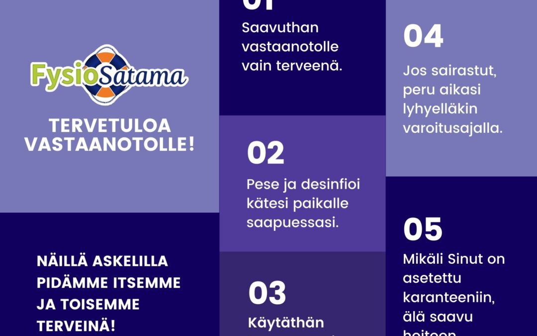 Koronavirukseen liittyvä ohjeistus FysioSatamassa asiointiin (päivitetty 17.2.2021)